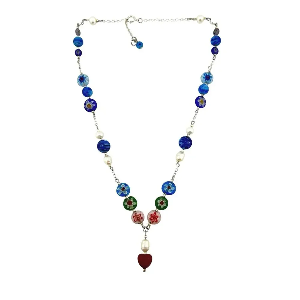 Handmade Millefiori Multicolor Italian Glass Freshwater Pearl 18" Necklace - Picture 2 of 5